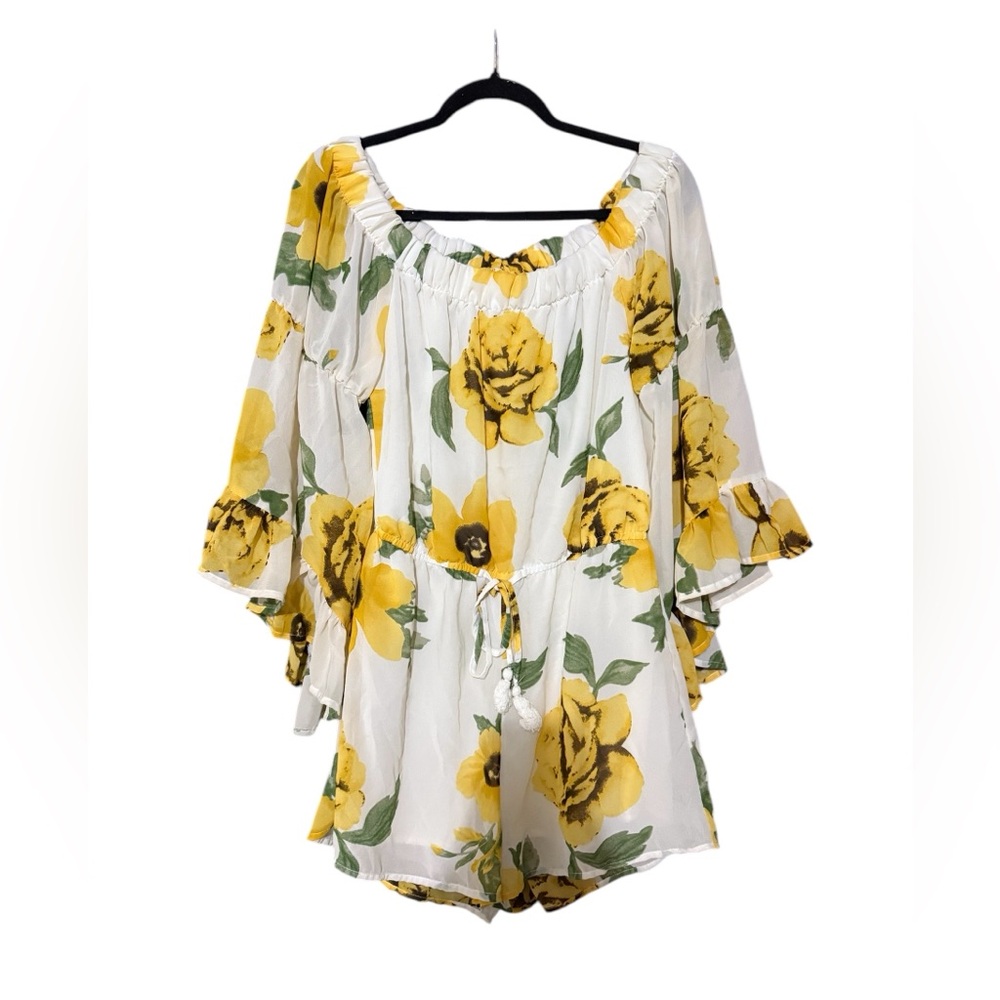 Yellow floral off-the-shoulder romper size Large